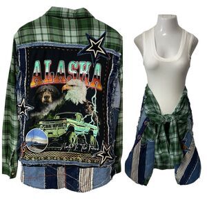 Upcycled Flannel Shirt Shacket Womens Large Alaska Grunge Patchwork Folk Art